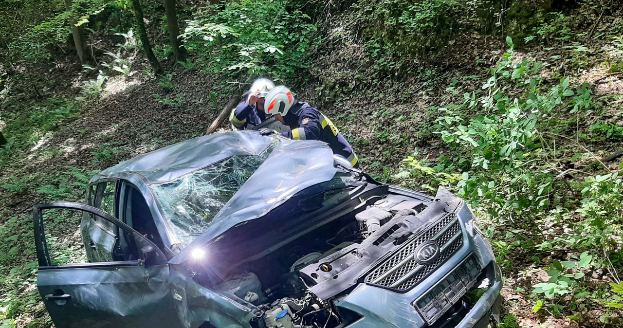 Groźny wypadek w Ojcowie. Auto spadło w przepaść, niemowlę w szpitalu