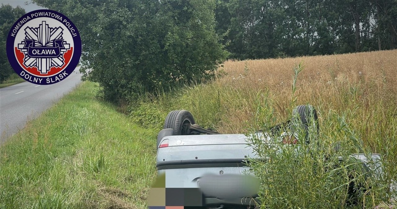 Auto dachowało, kierowca wysiadł i odpoczywał w rowie. Miał prawie 4 promile