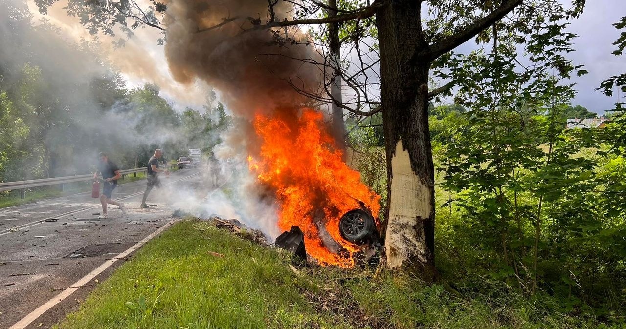 Auto uderzyło w drzewo i spłonęło. Śmiertelny wypadek w Bartnicy