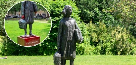 Pomnik Anne Frank oblany czerwoną farbą. Pojawił się napis „Free Gaza”