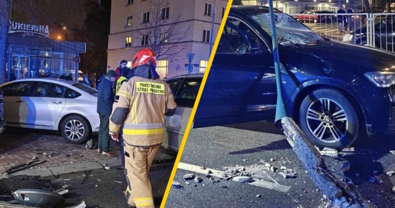 Wypadek w stolicy. Z impetem wjechał w latarnię, ta zawaliła się na inne auto