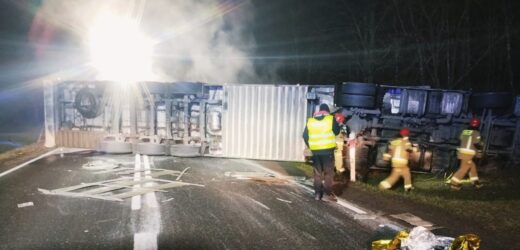 Przewrócona ciężarówka z trzodą chlewną blokuje drogę. Kierowca ranny